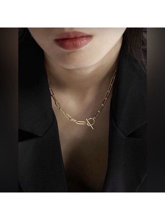 Jewelry - Gold Plated Stainless Steel Paperclip Chain Necklace with Toggle Clasp